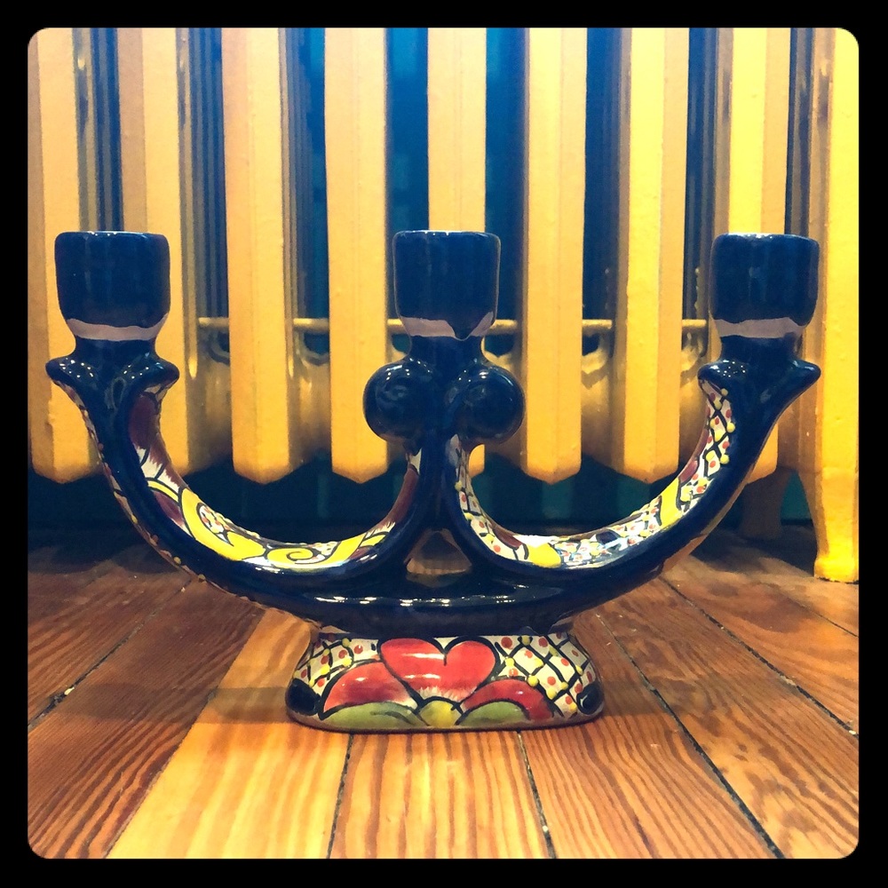 3-candle Mexican Talavera Ceramic Candelabra